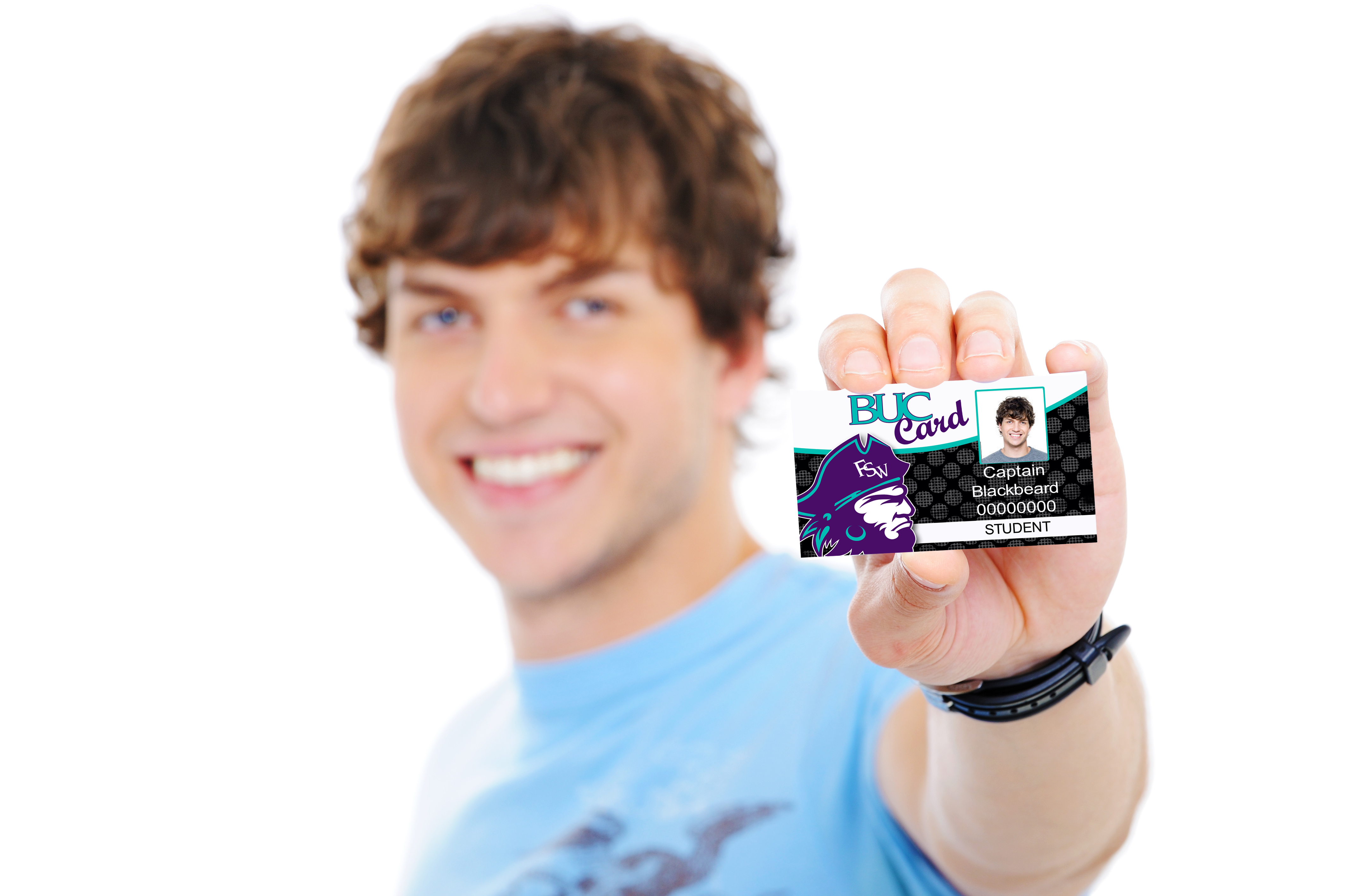Smiling male student holding his Buc Card.